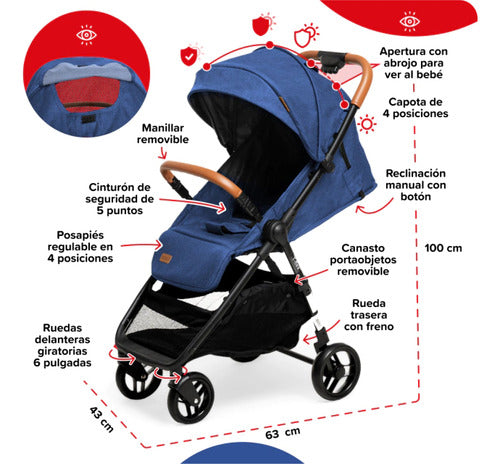 Cochecito Paseo Bebesit 1321 T-flex Azul Reclinable 15kg Css Azul Negro