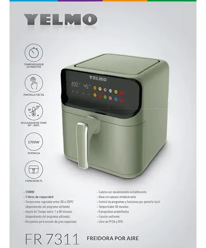 Freidora De Aire Yelmo Fr7311 1700w 7lts Tactil 9 Programas Verde Oscuro