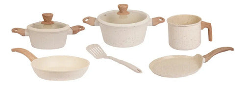 Bateria Cocina 8 Pzs Carol Granito Inducción Antiadherente Beige