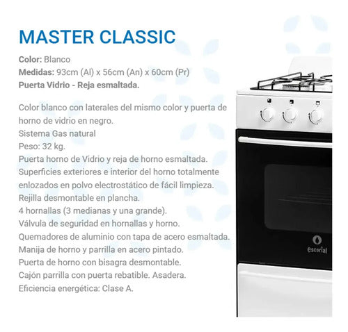 Cocina Escorial Master Classic A Gas Natural 4 Hornallas Blanca Puerta Con Visor Blanco