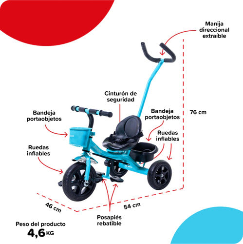 Triciclo Con Manija & Canasto Bebesit Sl1701c Azul H:30kg C Azul