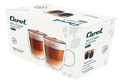 Set Carol De 2 Tazas De Vidrio Doble Pared + 2 Bandejas Blanco