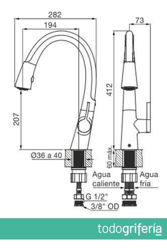 Grifo De Cocina Monocomando Fv H5 Lenga 0412/h5 Extensible Cromo Acabado Brillante