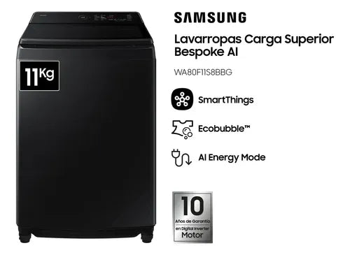 Lavarropas Samsung Carga Superior Wa80f11s8bbg 11 Kg Black Negro