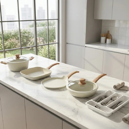 Set 7 Piezas Carol Cacerola Panquequera Wok Bifera Cubiertos Crema