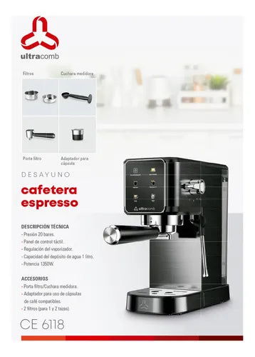 Cafetera Expresso Ultracomb Ce6118 Digital 20 Bares Pantalla Táctil Negra 1350w Compatible Capsulas Nespresso Negro