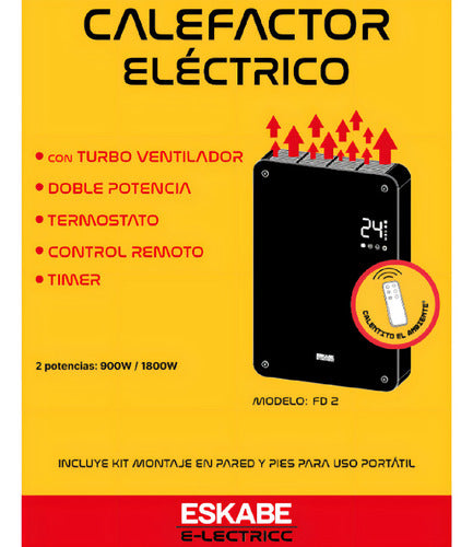 Calefactor Eléctrico Eskabe Fd2t 1800w Termostato Display Cc Color Negro