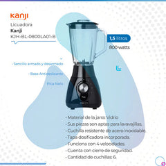 Licuadora Kanji Home 1,5l Jarra De Vidrio 4 Vel. Pica Hielo Color Negro