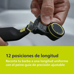 Afeitadora Philips Oneblade Pro Qp6532/10 - Peine Ajustable Con 12 Longitudes, 90 Min De Uso Continuo Y 100% A Prueba De Agua Negro