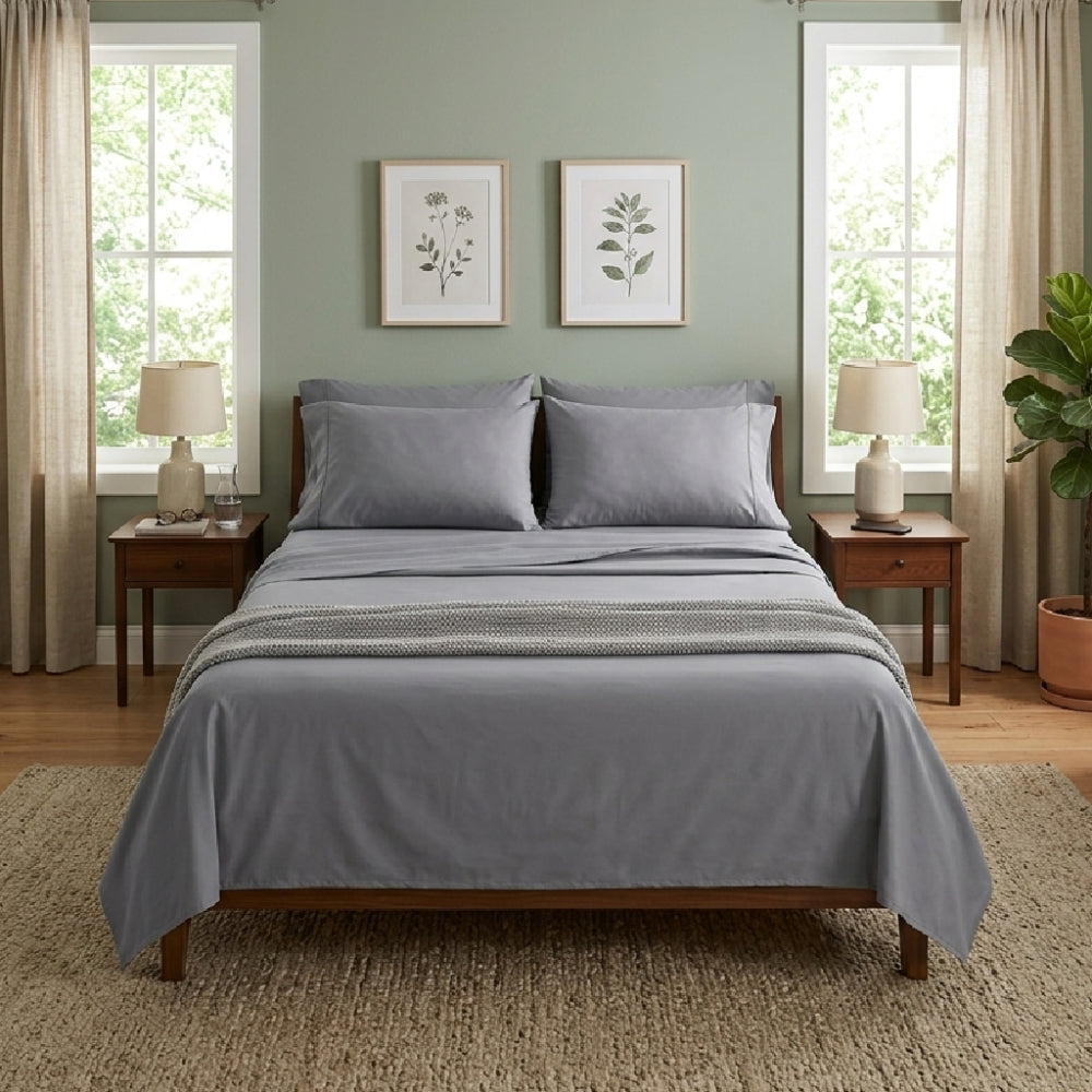 Juego Sabanas 2 Plazas 1/2 Vivendi Cotton Touch Gris 300h Gris Liso
