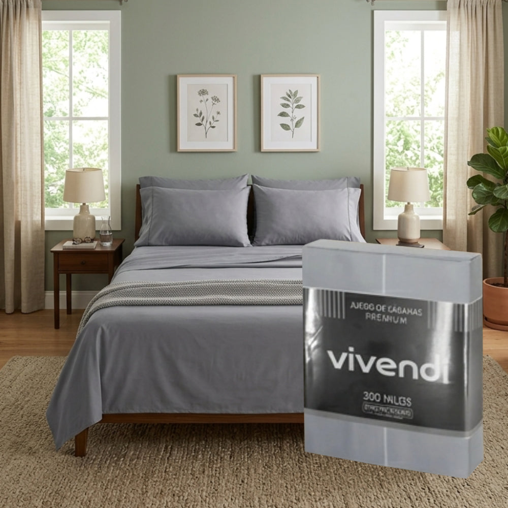 Juego Sabanas 2 Plazas 1/2 Vivendi Cotton Touch Gris 300h Gris Liso