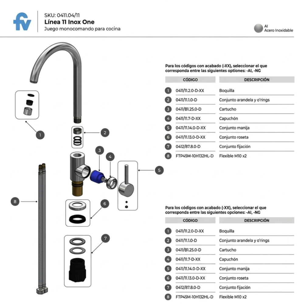 Griferia Cocina Fv Inox One 411.04/i1 Monocomando Pico Movil