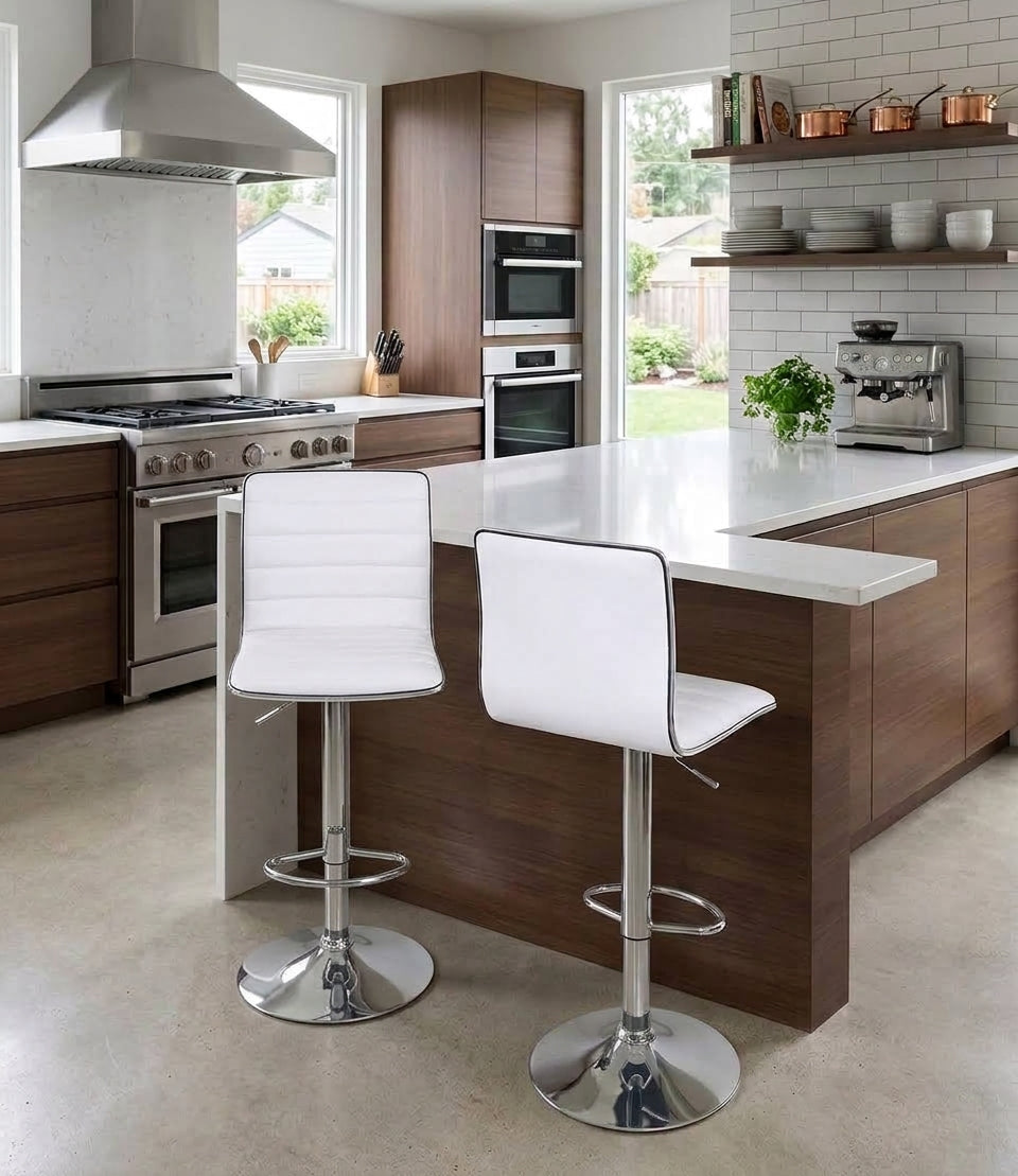 Pack De 2 Banquetas Giratorias Y Altura Ajustable Con Respaldo De Ecocuero Blanco Para Barra O Cocina Vivendi