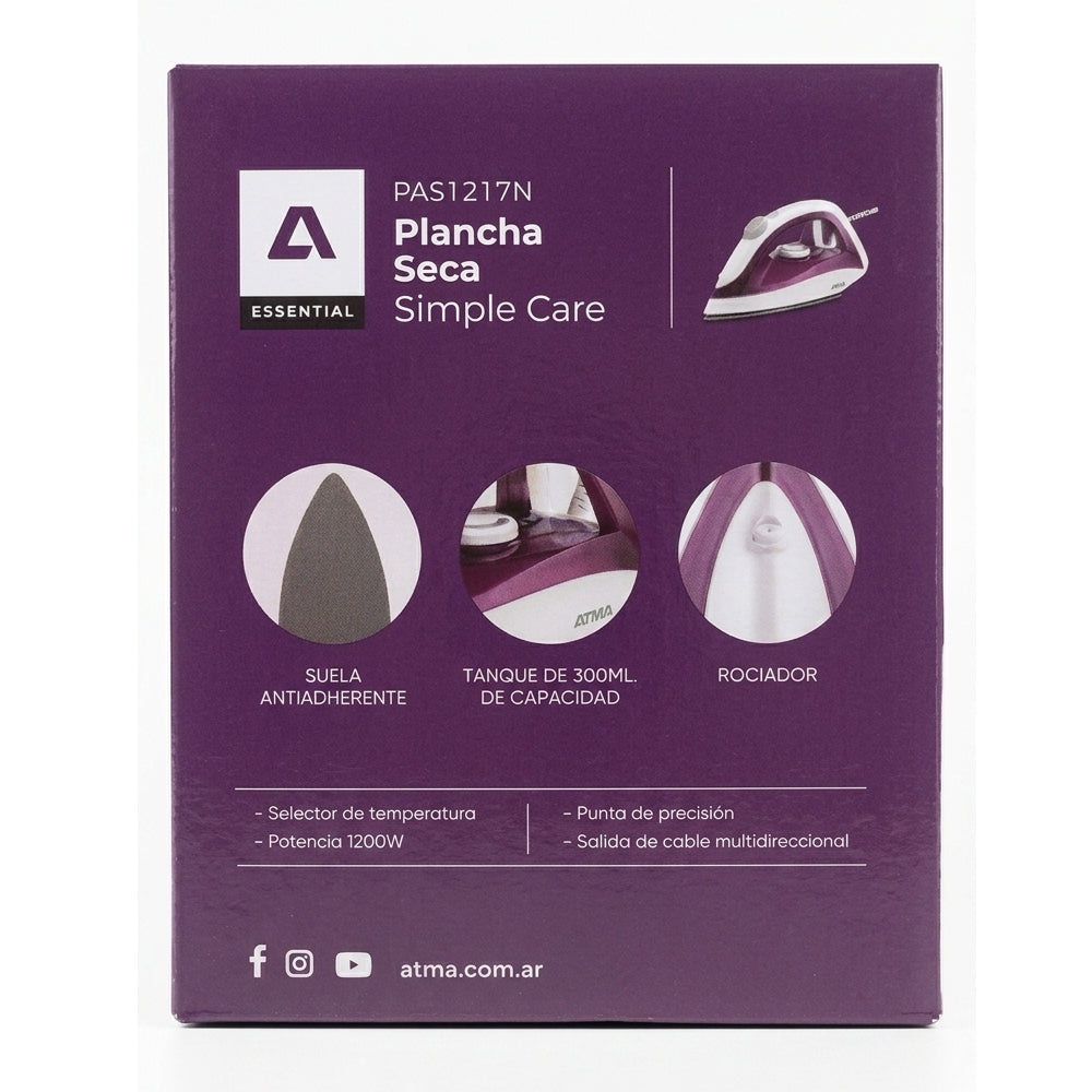 Plancha Seca Con Rociador Atma Pas1217n 1200w Violeta
