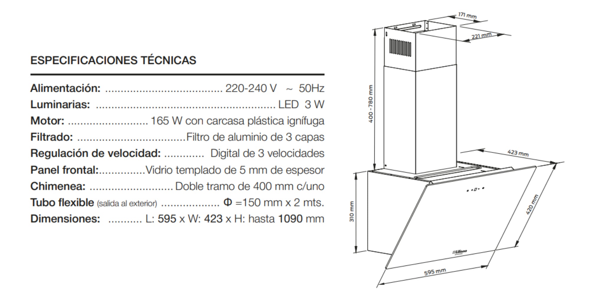 Campana Extractora De Aire Liliana Kc998 Blacksense De 60cm