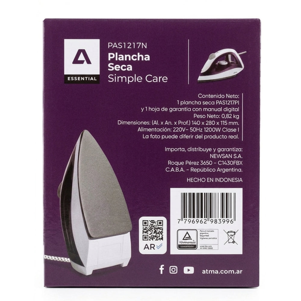 Plancha Seca Con Rociador Atma Pas1217n 1200w Violeta