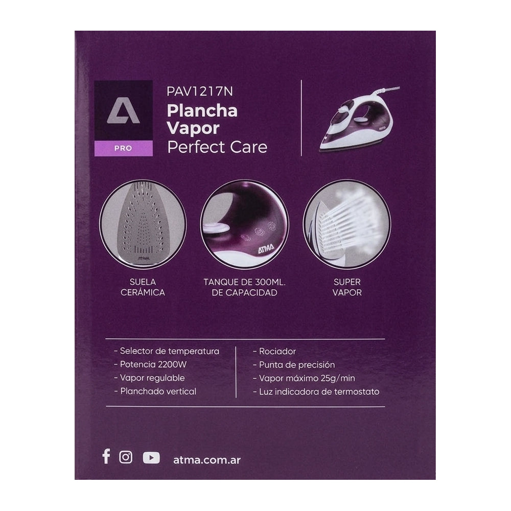 Plancha A Vapor Atma Pav1217n Suela Cerámica 2200w