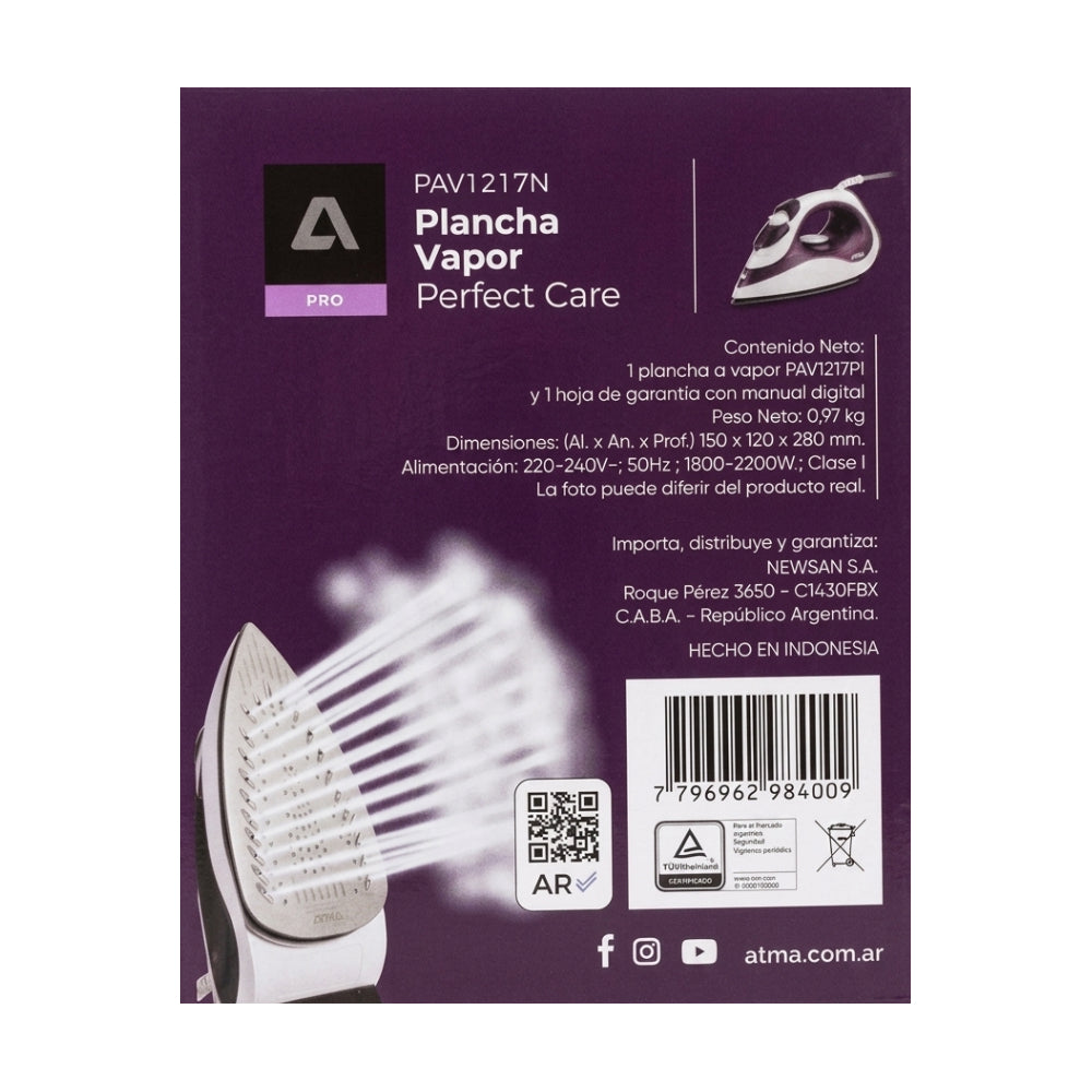 Plancha A Vapor Atma Pav1217n Suela Cerámica 2200w