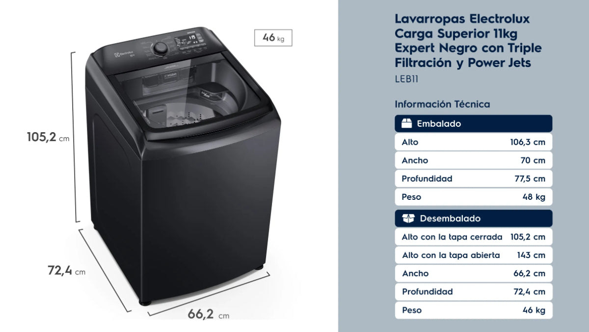Lavarropas Electrolux Carga Superior 11kg Negro Leb11 Negro
