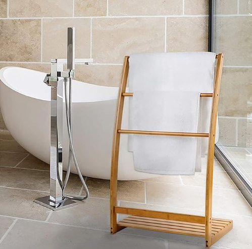 Toallero De Pie Para Baño 3 Cilindros Madera Altura 90cm Marrón Claro
