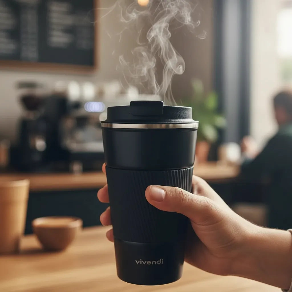 Vaso Promo Termico Acero Inox Con Tapa Frio Calor Vivendi Negro Liso